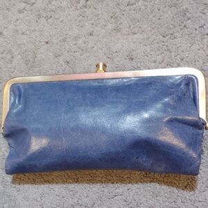 Tasche Blue Leather Clutch with Gold Frame